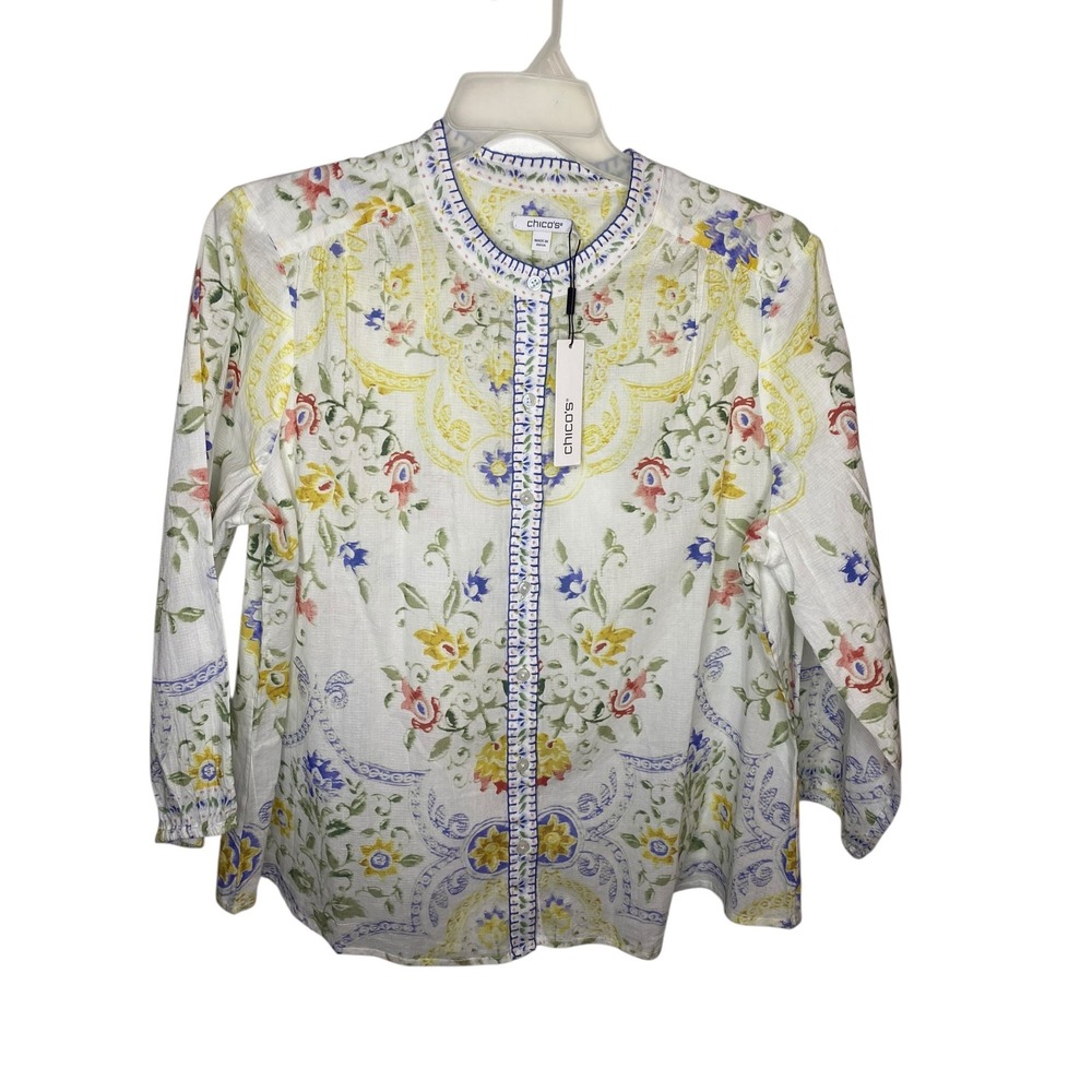 Chicos Tana Tile Floral Embroidered Cotton Button Blouse White Multi Size 3 New